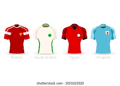 Russia Soccer world cup 2018 a group A of players with team shirts flags and ball. referee football vector illustration.