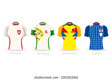 Russia Soccer world cup 2018 group H players with team shirts flags and ball. referee football vector illustration.