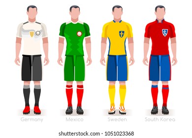 Russia Soccer world cup 2018. Group F players with team shirts flags and ball. referee football vector illustration.