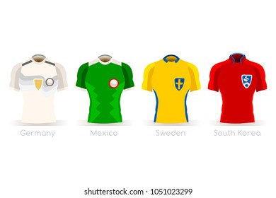 Russia Soccer world cup2018. Group F players with team shirts flags and ball. referee football vector illustration.