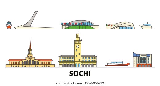 Russia, Sochi flat landmarks vector illustration. Russia, Sochi line city with famous travel sights, skyline, design. 