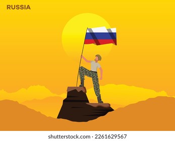Russia Soldier on top of the mountain with the Russia flag. 
illustration of Russia Army soilder holding flag of Russia  Happy Republic Day