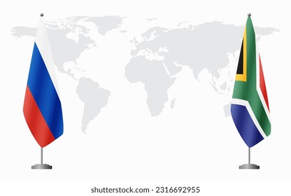 Russia and South Africa flags for official meeting against background of world map.