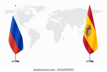 Russia and Spain flags for official meeting against background of world map.