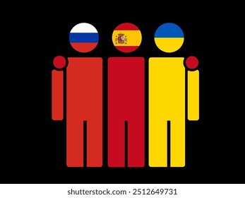 Russia, Spain, and Ukraine National Flags With Embracing Body. Vector Illustration. Isolated background.