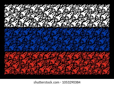 Russia State Flag concept done of space rocket launch pictograms. Vector space rocket launch elements are composed into geometric Russia flag collage.