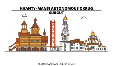 Russia, Surgut . City skyline: architecture, buildings, streets, silhouette, landscape, panorama. Flat line, vector illustration.