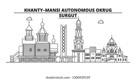 Russia, Surgut . City skyline: architecture, buildings, streets, silhouette, landscape, panorama, landmarks. Editable strokes. Flat design, line vector illustration concept. Isolated icons