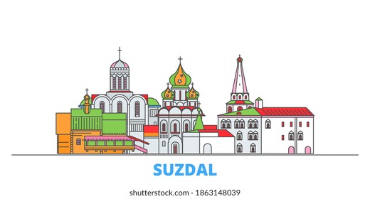 Russland, Suzdal City Line City Stadtlandschaft, flacher Vektorgrafik. Sehenswürdigkeiten der Stadt, Skizze, Liniensymbol