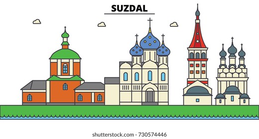 Russia, Suzdal. City skyline, architecture, buildings, streets, silhouette, landscape, panorama, landmarks. Editable strokes. Flat design line vector illustration concept. Isolated icons set