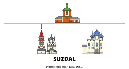 Russia, Suzdal flat landmarks vector illustration. Russia, Suzdal line city with famous travel sights, skyline, design. 
