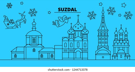 Russia, Suzdal winter holidays skyline. Merry Christmas, Happy New Year decorated banner with Santa Claus.Russia, Suzdal linear christmas city vector flat illustration