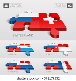 Russia and Switzerland, Luxembourg, Monaco, Netherlands, France Flag. 3d vector puzzle. Set 02.