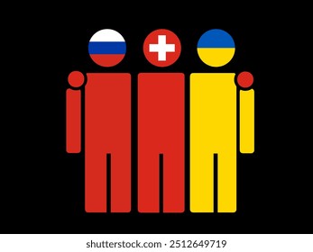 Banderas nacionales de Rusia, Suiza y Ucrania con cuerpo abrazador. Ilustración vectorial. Fondo aislado.