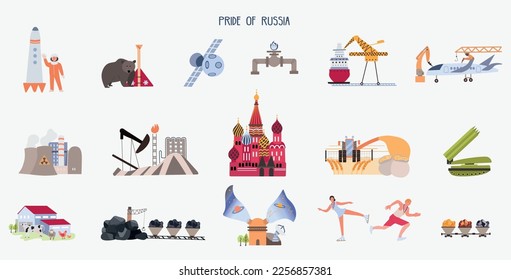 Russia symbol flat set with isolated compositions of oil gas factories sights rockets and human characters vector illustration