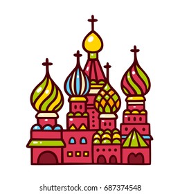 Russia symbol  Saint Basil cathedral  Hand drawn cartoon vector illustration  Moscow Kremlin Red Square 