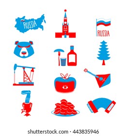Russia symbol set. Russian national character. State Traditional objects. Moscow Kremlin and bear. Map of  smovar. Earflaps and balalaika. Dumplings and vodka