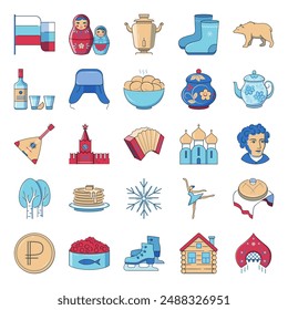 Russia symbols flat icon set. Russian traditions, cuisine and culture. Vector illustration.