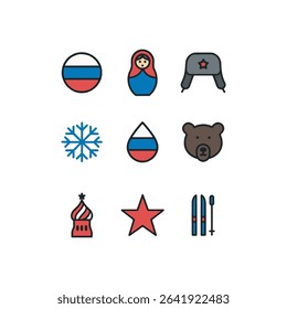 Russia symbols and Heritage Icon Set – Vector Symbols of Matrioshka, Russian flag, bear , ski, Ushanka hat, and Traditional Russian Elements