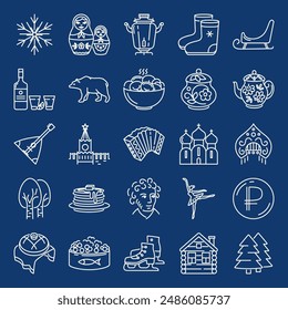 Russland Symbole Linie Icon Set. Country, Kultur und Ernährung. Vektorillustration.