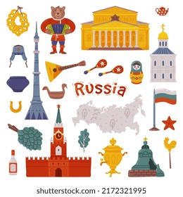 Russia Symbols and Object with Big Theatre and Kremlin Wall Vector Set