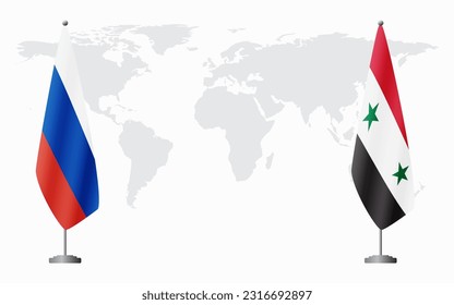 Russia and Syria flags for official meeting against background of world map.