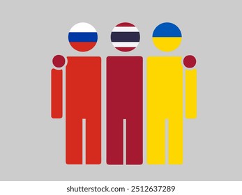 Russia, Thailand, and Ukraine National Flags With Embracing Body. Vector Illustration. Isolated background.
