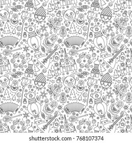 Russia thin line icons seamless background abstract pattern. Vector collection Russian culture signs, Moscow Kremlin, Cathedral, russian doll matryoshka, balalaika, samovar, bear. Isolated white.