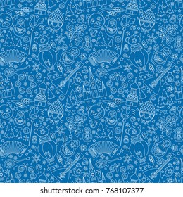 Rússia ícones de linha fina padrão abstrato de fundo sem costura. Vector coleção sinais de cultura russa, Moscou Kremlin, Catedral, boneca russa matryoshka, balalaika, samovar, urso. Isolado azul branco.