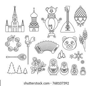 Russia thin line icons. Vector collection Russian culture signs, logo, Moscow Kremlin, Cathedral, russian doll matryoshka, balalaika, samovar, bear, egg Faberge, snoflakes, food. Isolated white.