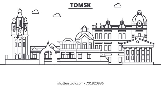 Russia, Tomsk architecture line skyline illustration. Linear vector cityscape with famous landmarks, city sights, design icons. Landscape wtih editable strokes