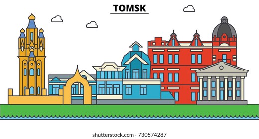 Russia, Tomsk. City skyline, architecture, buildings, streets, silhouette, landscape, panorama, landmarks. Editable strokes. Flat design line vector illustration concept. Isolated icons set