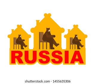 Russia traditional home. Russian bear in Wooden hut.