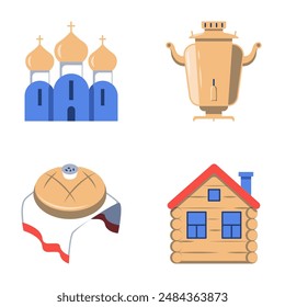 Russia traditional symbols flat icon set. Orthodox church, izba hut, samovar and karavai bread icon set. Vector illustration