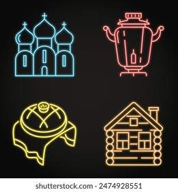 Russia traditional symbols neon icon set. Orthodox church, izba hut, samovar and karavai bread icon set. Vector illustration