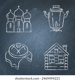 Russia traditional symbols on chalkboard. Orthodox church, izba hut, samovar and karavai bread icon set. Vector illustration