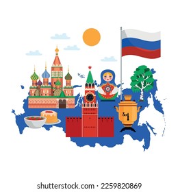 Russia travel composition of flat images with russian national stereotypes and landmarks vector illustration