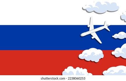 Russia travel concept. Airplane with clouds on the background of the flag of Russia. Vector illustration
