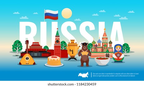 Russia travel flat horizontal composition with pancakes caviar bear borscht beet soup kremlin birch tree vector illustration 