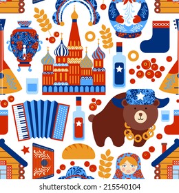 Russia travel food alcohol architecture seamless pattern vector illustration