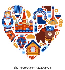 Russia travel heart set with traditional national elements icons set vector illustration