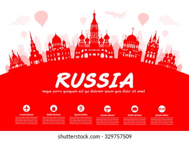 Rússia Pontos de referência de viagem. Vetor e Ilustração