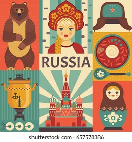 Russia travel poster concept. Vector illustration with Russian culture icons, including St. Basil's Cathedral, russian doll, borscht , portrait of Russian beauty in kokoshnik. Isolated on background.