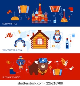 Russia travel style symbols banner set with traditional national elements icons set vector illustration