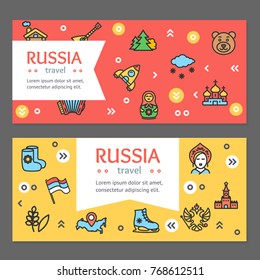 Russia Travel and Tourism Flyer Banner Posters Card Horizontal Set and Line Icons. Vector illustration of Traditional Culture