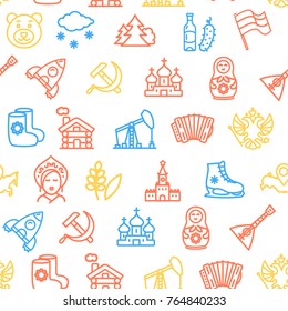 Russia Travel and Tourism Seamles Pattern Background on a White Include of Souvenir Signs and Symbols . Vector illustration