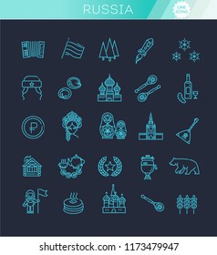 Russia Travel and Tourism vetor Thin Line Icon Set