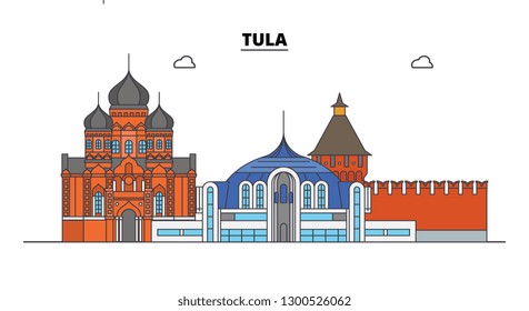 Russia, Tula. City skyline: architecture, buildings, streets, silhouette, landscape, panorama. Flat line, vector illustration.