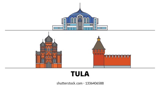 Russia, Tula flat landmarks vector illustration. Russia, Tula line city with famous travel sights, skyline, design. 