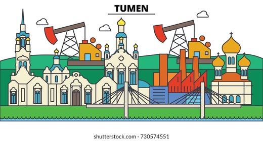 Russia, Tumen. City skyline, architecture, buildings, streets, silhouette, landscape, panorama, landmarks. Editable strokes. Flat design line vector illustration concept. Isolated icons set